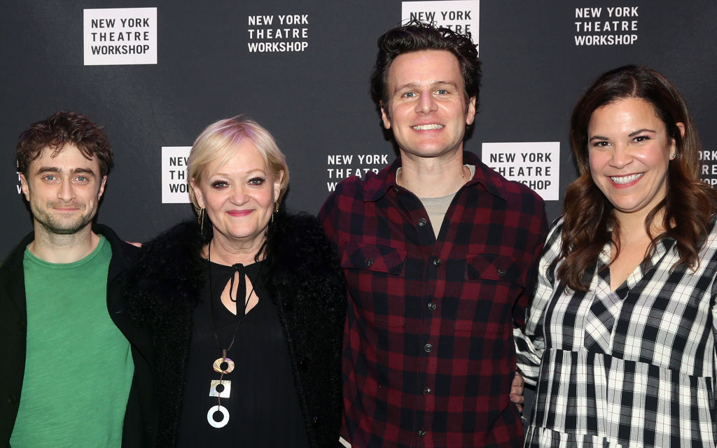 NEW YORK, NEW YORK - DECEMBER 11: (L-R) Daniel Radcliffe, director Maria Friedman, Jonathan Groff and Lindsay Mendez pose at the opening night of the New York Theatre Workshop production of the musical "Merrily We Roll Along" at The New York Theatre Workshop Theater on December 11, 2022 in New York City. (Photo by Bruce Glikas/WireImage)